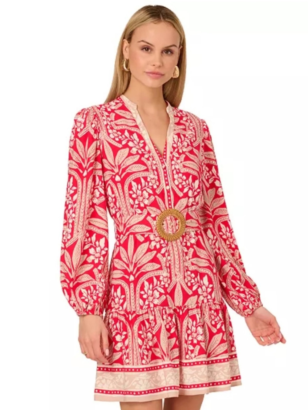 Adrianna by Adrianna Papell Belted Split-Neck Palm Print Mini Dress Size 6 NWOT
